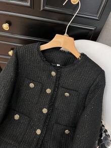 Áo khoác cardigan nữ GMFP mùa xuân/hè kiểu dáng thanh lịch, rộng rãi, màu đen trơn, chất liệu retro, cổ tròn, cài cúc đơn, chất liệu len pha, thích hợp cho các lễ hội âm nhạc/mùa cưới. - màu đen - Xem 8