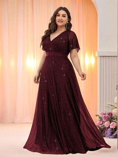 亮片V领荷叶袖正式礼服，酒红色伴娘礼服，春夏婚礼宾客及新娘母亲长款晚礼服