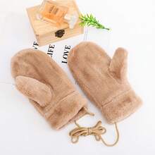 Korean Version Warm Plush Cute Fashion Gloves For Girls Winter Warm Plush Thickened Full Finger Gloves For Autumn And Winter - 加厚加大米色帶掛扣 - 查看 3