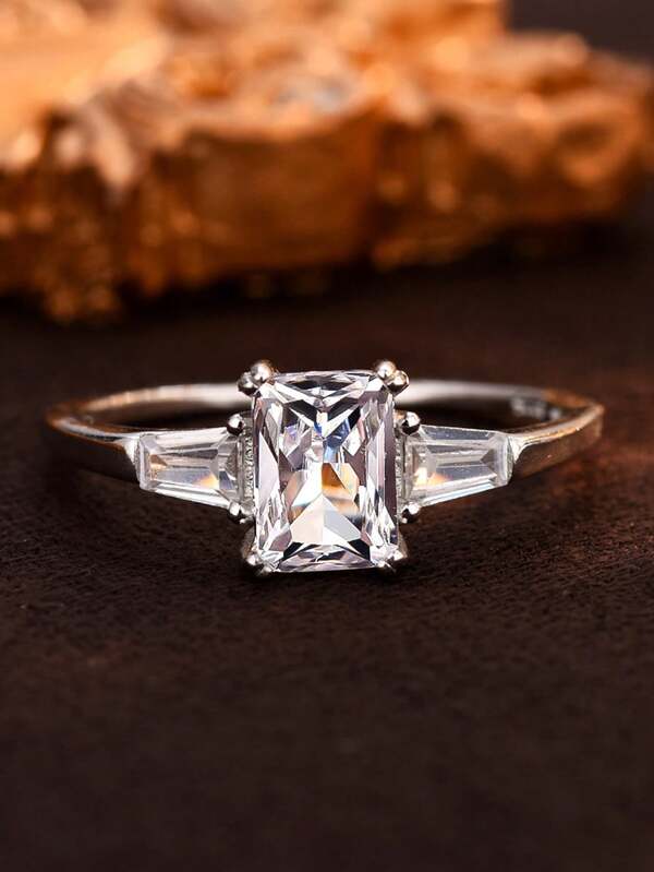 خاتم خطوبة/اقتراح من الفضة الإسترليني عيار 925 بتصميم هندسي مربع من الزركونيا الاصطناعية، أنيق ومناسب للارتداء اليومي، هدية رائعة للحبيب في المناسبات والأعياد