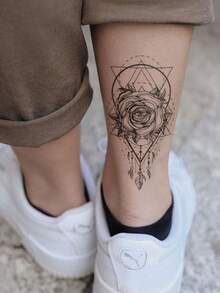 4张女士身体彩绘临时纹身贴纸，黑色花朵和几何图案。防水，可持续2-5天。可用于手部、手臂、颈部、肩部、胸部、腰部、腿部和脚踝。适合节日、派对、音乐节以及作为身体装饰。 - 黑色 - 查看 4