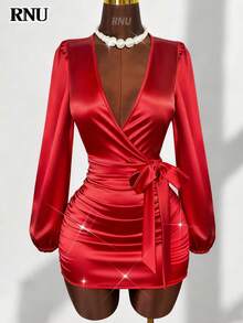 RNU Rotes Satin V-Ausschnitt Laternärmel Schleife Vorderseite Bodycon Kleid für Frauen, geeignet für Dates, Nachtclubs, Straßen, Valentinstag, Halloween, Geburtstag, Weihnachten, Partys, Silvester und andere Anlässe