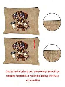 Yellow Linen Buckle Handbag With Black Border, Printed With A Dachshund Wearing Glasses And A Cup Of Coffee Includes A Large Bag And A Small Wallet, Handbag And Coin Purse, Handbag And Wallet, Cute Scarf Puppy Pattern Design, Card Holder, Multifunctional Portable Teacher Handbag, Teacher Appreciation Linen Bag, Women's Gift,