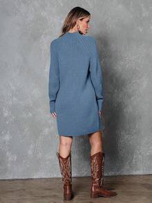 2026 Women's Casual Knit Dress Sweater Dresses For Women  Fall Fashion Mock Neck Long Lantern Sleeve Oversized Outfits Knit Tops Clothes ​ , Bodycon Long Sleeve ​ For Sports Outdoor Wear, Loose Fit Long Sleeve Comfy Daily Outfits For Women - 藍色 - 查看 5