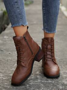 2025 New Vintage Round Toe Lace-Up High Heel Short Boots, British Style For Women, Autumn/Winter - Brown - View 4