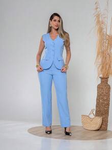 Elegant Plain Vest And Trousers Set C3302 - 淺藍色 - 查看 1