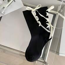 1双女士蝴蝶结短袜，日系洛丽塔风格甜美运动袜，小众中筒长袜，适合女童JK制服，春秋季 - 彩色 - 查看 4