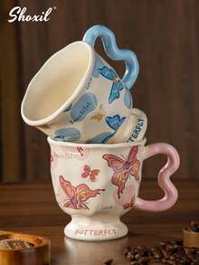 shoxil 1pc 400ml Ceramic Butterfly Shaped High Foot Glass Cup, Elegant Appearance, Cartoon Water Mug, Office & Home Use