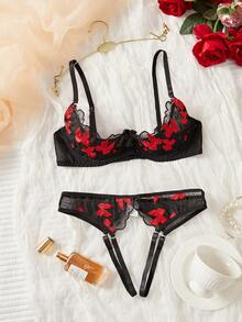 Sexy Black & Red Bow Embroidery Underwire Bra Set For Women - black red - View 4