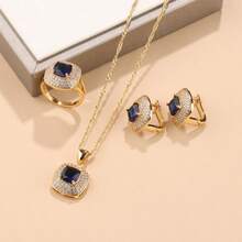 4PCS Square Jewelry Sets Luxury Vintage Fashion Accessory Women Earrings And Necklace Pendant Open Ring Bridal Wedding Jewelry For Women Gift Christmas, Thanksgiving, Valentine's Day, New Year And Birthday