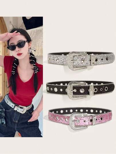 حزام رفيع مزين بالراين ستون، حزام جينز مزين بالبريق، تصميم عصري على الطراز الأوروبي والأمريكي متعدد الاستخدامات