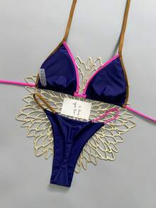 2pcs Bohemian Leopard Print Casual Cute Elegant Sexy Tie-Dye Crochet Contrast Trim Bikini Swimsuit, Beach Holiday, Spring/Summer - Navy Blue - View 4