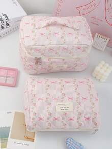 粉色爱心蝴蝶结洗漱化妆包套装，女孩甜美大容量多功能收纳包手拿包化妆包笔袋，带拉链，可收纳护肤品、化妆品、唇油、防晒霜、护手霜、耳机、零钱、文具、卫生巾、卫生棉条、小物件、宿舍必备、旅行必备、妈妈礼物、老师礼物、闺蜜礼物 - 粉色 - 查看 9