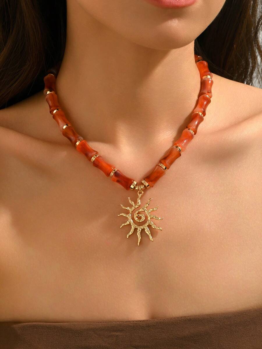 1pc Vintage Bohemian Asymmetrical Resin Block, Simulated Volcanic Stone Resin, Gold Heart Painted Pendant, DIY Beaded Jewelry, Includes Options Like Antique Silver Flower, Silver Heart Painted, Burgundy Resin With CCB Beads, Heart Beaded Necklace, Bamboo Bead Sun Pendant, Flower Pendant Y-Necklace, Fashionable Beach Party Jewelry For Unique, Perfect, Sexy Women, Resin Size, Quantity, And Placement Randomly Produced Due To Small Stone Simulation Molding Technique