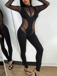 DOUCIU Mesh Patchwork Long Sleeve Sexy Slim Jumpsuit - Black - View 7