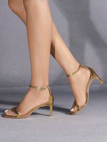 女士性感金色踝带凉鞋，圆头，细跟，正式高跟凉鞋，时尚百搭优雅鞋 - 金色 - 查看 2