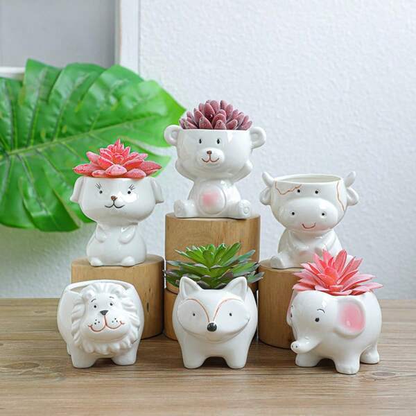 6 Pcs Succulent Pots With Drainage, Small Cartoon Animal Planters Ceramic Planter Pot For Indoor Cactus Plants Mini Cute Flower Plant Container For...