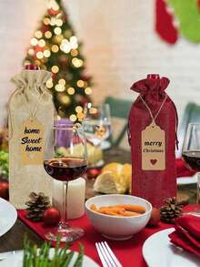 带抽绳的葡萄酒瓶袋，可重复使用的礼品袋和标签，适用于生日派对、婚礼、情人节、新年装饰派对用品