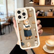 Cubierta de telefono con borde negro y funda de silicona suave para iPhone 14 Pro Max con diseño de oso cocinero en delantal azul sobre fondo beige con galletas tazas y botellas ilustraciones lindas para uso diario en cafeterias y hogar Aplicable a los teléfonos de la serie Apple y Galaxy - Blanco - Ver 7