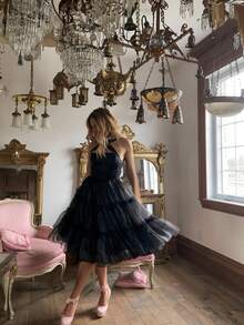 Womens Party Tutu Dress Stylish Solid Ruffled Trim Tie Back Sleeveless Tie-Shoulder Midi A-Line Dress - Black - View 2