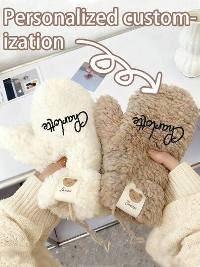 Personalize Your Name,Winter Lamb Wool Bear Patch Gloves For Women ,Cute Student Fluffy Gloves, Thickened Thermal Lined Cold-Resistant Cartoon Gloves For Winter Cycling. Adds Fashion Vibe, Perfect For Winter Daily Outings, Student Campus Commutes, Cycling Trips, Shopping, Park Walks & Casual Errands.It's The Perfect Gift For New Year's, Birthdays, And Valentine's Day.