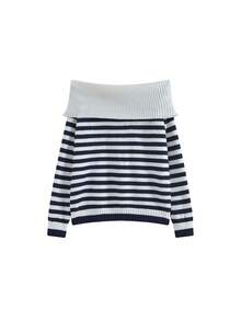 Korean Style Striped Off-Shoulder Knit Long Sleeve Sweater Top (Random Stripe) - White and Navy Stripes - View 4