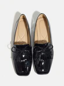 女士平底乐福鞋，饰有蝴蝶结流苏，黑色方头，百搭时尚，软底英伦风休闲一脚蹬鞋，秋季新品系列 - 黑色 - 查看 6