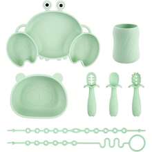 Silikongeschirr-Set: Krabben-Teller, Bären-Schüssel mit Saugfuß, Trinkbecher, 3 Stücke Fütterungslöffel, 2 Stücke Antiverlust-Kette, alles spülmaschinenfest & mikrowellengeeignet