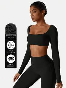 MFVIM Women's Black Long Sleeve Cropped Top And Flare Pants Set, Square Neck Fitted Style And High Waist Elastic Tummy Control Flare Yoga Pants. Suitable For Outdoor Running, Cycling, Yoga, Pilates, Gym Workout, 2-Piece Fitness Outfit For Women - Black - View 6