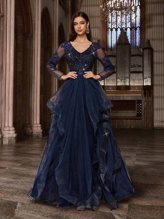 QOQ Chic Elegant Enfärgad Applikationer Paljetter Patchwork V-ringad Långärmad Klänning