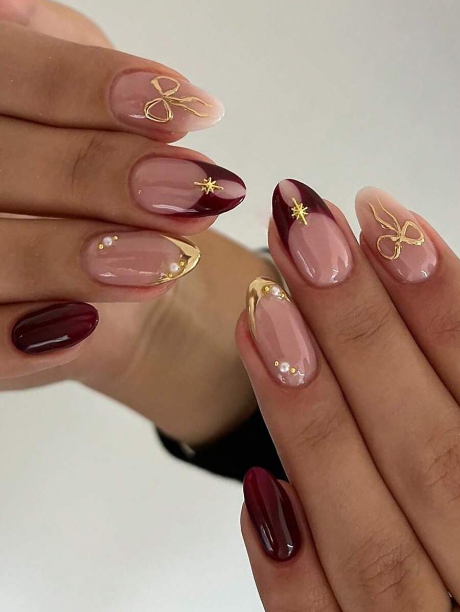 Bộ 24 miếng dán móng tay ngắn nhọn, họa tiết nơ Pháp vàng dễ thương (bao gồm 1 gel dán và 1 dũa móng), phù hợp cho móng tay hàng ngày, hẹn hò, dự tiệc của nữ giới. - Nhiều màu - Xem 1