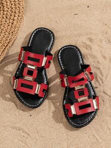 2025 New Slippers, Fashion Slippers, Bohemian Style Slippers, Soft Sole Wear-Resistant Casual Slippers, Slippers, Golden Buckle Slippers - Red - View 1