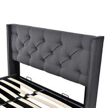 Hydraulic Double Upholstered Bed 140x200cm, Bed With Slatted Metal Frame, Modern Bed Frame With Storage Space, Cotton, Gray (With Mattress) - Grey - View 2