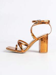 Women's Orange Square Toe Chunky Heel Party Fashion Minimalist Casual Comfortable Versatile High Heel Sandals - Orange - View 6