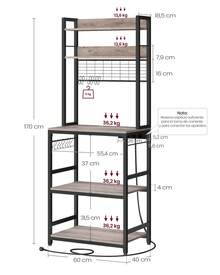 VASAGLE Estantería para Panadería con Toma de Corriente, Soporte de Microondas, Estantería de Cocina, Alambre de Metal, 14 Ganchos, 40 x 60 x 170 cm, Greige y Negro - Gris beige - Ver 6