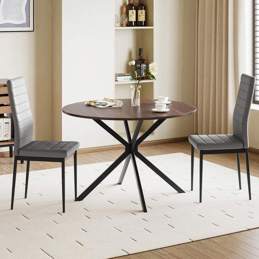 Dining Table And Chairs Set Of 2/4, Folding Round Dining Table With 2 PU Leather Chairs For Dining Room,Kitchen,Living Room - 棕色圓桌+2灰色橫線 - 查看 1