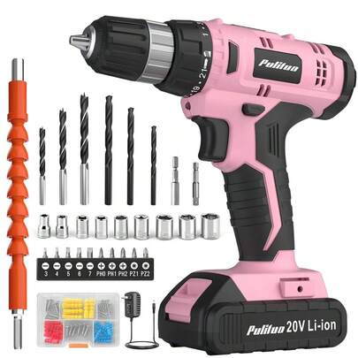 PULITUO 20V Cordless Drill Set with 40 Accessories - 3/8" Keyless Chuck Electric Drill, 2.0Ah Battery & LED Light | 30N Torque, 21+1 Settings for Home DIY, Woodworking & Repairs