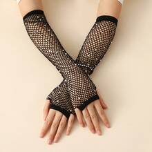 Women's Long Rhinestone Mesh Gloves, Shiny Party Club Accessory - White - View 3