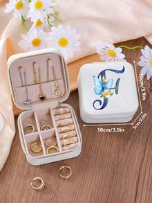 1 Peça Caixa de Joias Minimalista com Floral e Letra, Caixa de Joias Portátil de PU para Viagens de Verão, Mini Organizador de Joias para Brincos, Colares, Anéis, Exibição e Armazenamento de Joias, Caixa de Joias de Grande Capacidade, Adequada para Presentes do Dia das Mães, Natal, Halloween, Organizador de Joias Feminino, Essencial de Viagem, Armazenamento de Dormitório de Volta às Aulas - Branco - Visão 30