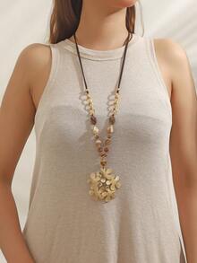 1pc Fashionable Floral Beaded Metal Chain Necklace, Suitable For Women's Daily Wear - Brown - View 1