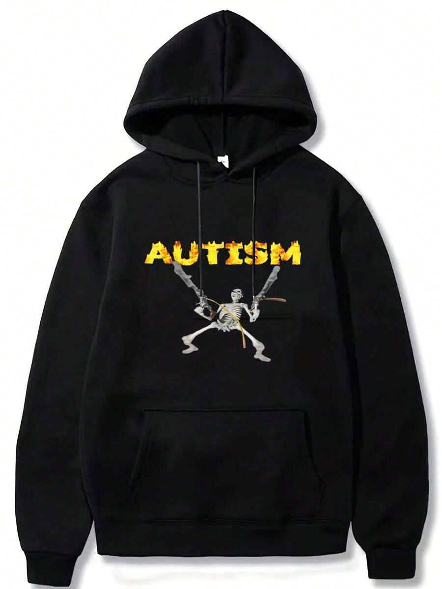 Flaming "Autism" Skeleton With Dual Guns Graphic Print Novelty Heavyweight Polyester Hoodie Sweatshirt For Men And Women - 黑色 - 查看 1