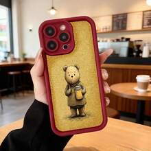 Funda de teléfono con borde negro dorado con diseño de oso sosteniendo taza de café para uso diario en cafeterías Aplicable a los teléfonos de la serie Apple y Galaxy - Burdeos - Ver 7