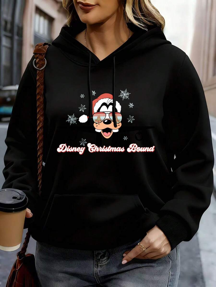 Disney Women Hoodie White Mickey Mouse Santa Hat Plane Print Disney Christmas Bound Text Holiday Party Casual Wear - Black - View 1