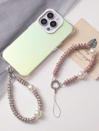 Nuevo cordón de teléfono de lujo con rhinestones y perlas, colgante de teléfono con anillo de diamantes de alta gama