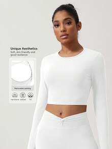 Sodalemon Áo croptop thể thao dài tay nữ màu trắng, kiểu dáng xoắn lưng, có lỗ ngón tay cái, màu sắc mùa xuân. - trắng - Xem 3