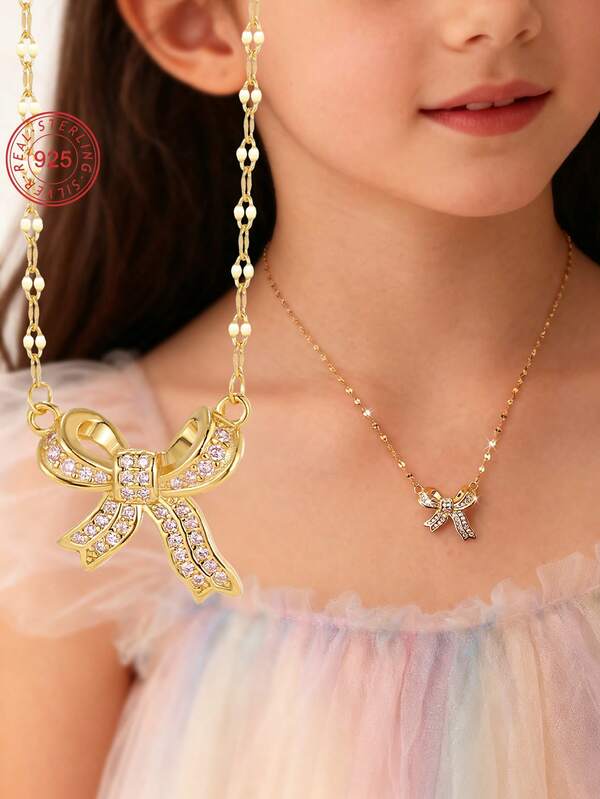 Artepollo 1pc 925 Sterling Silver Hypoallergenic Bow Pendant Necklace, Inlaid With Sparkling Cubic Zirconia, Cute & Elegant, Gift Box Packaging, Gift For Kids, Friends, Back To School