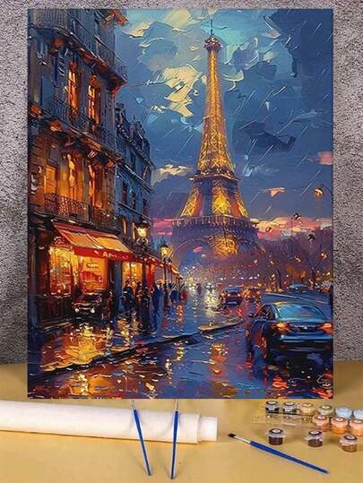 DIY Adult Digital Oil Painting Paris Rainy Night Digital Oil Painting Wall Decoration Scenery Filling Hand-Painted Painting Painting Filling Color Living Room Decoration Painting