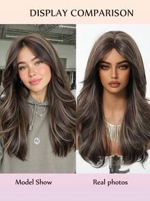 22 Inches Curly Wig With Split Bangs Dark Brown With Blonde Highlight Wigs Natural Textured Wave Fashion-Forward Editor's Pick Bold & Edgy  Cosplay Wigs Party Wigs Suitable For Daily Party Festival And Cosplay Wigs For Women Hairstyle Christmas Wig - 挑染棕色 - 查看 10