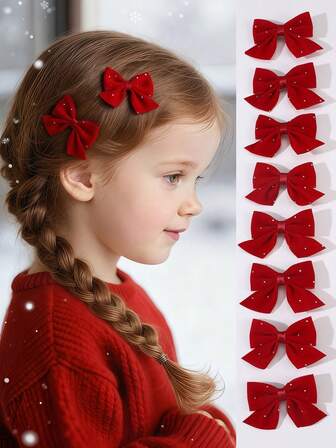 5pcs/10pcs Girls Rhinestone Red Bow Hair Clips Set, Suitable For Daily Decoration