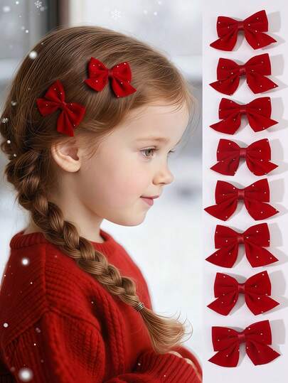 5pcs/10pcs Girls Rhinestone Red Bow Hair Clips Set, Suitable For Daily Decoration